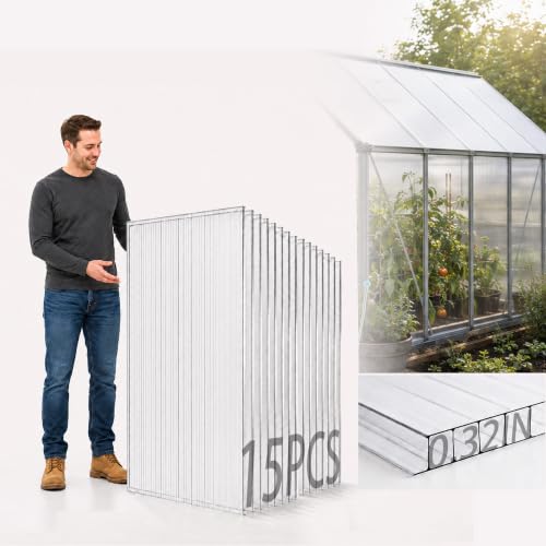 Sinimaka 15-Pack Polycarbonate Greenhouse Panels, 4 x 2 ft, 0.32 in 8mm Twin-Wall Sheets, UV-Coated Translucent Roof Replacement for Greenhouses and Cold Frames
