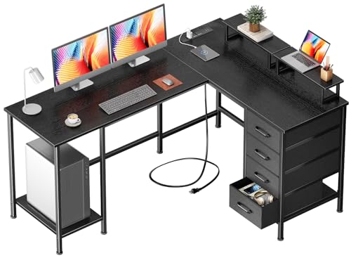 Korfile 59 inch L Shaped Computer Desk with Power Outlets, Home Office Desk with 4 Adjustable Storage Drawers & 2 Monitor Stands, Two Person Gaming Table for Bedroom, Black