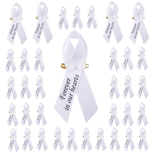 100 PCS White Ribbon Pins, Memorial Ribbons in Forever in Our Hearts for Funeral Mourning Event Bereavement Remembrance