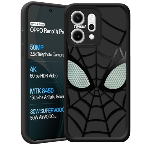 Image of Stylish Spider Back Case Cover Compatible for Oppo Reno 14 Pro 5G | Spidey Face Mask Case | Soft Silicone | Camera & Full Body Protection | Shock Proof | (Black)