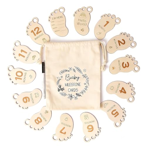 DegoCyhton Monthly Milestone Signs, Wooden baby monthly milestone Cards, Birth Announcement Sign for New Baby, Hello World Newborn Sign, 0-12 Months Newborn Photo Prop, with Drawstring Canvas Bag