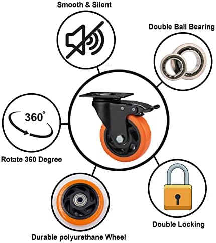 Castors, Heavy Duty Castor Wheels, 100mm Swivel Castors with Brake (Top Plate) - ASRINIEY Caster Wheels Set of 4, Casters and Wheels for Furniture, Non Marking Orange Polyurethane Trolley Wheels