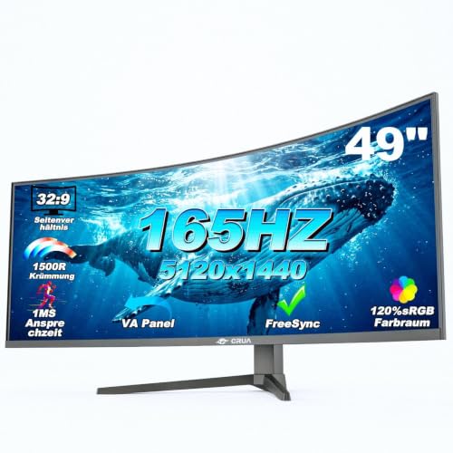 CRUA 49" Curved Gaming-Monitor | DQHD (5120 x 1440), 144 Hz/165 Hz, 1500R, 32:9, AMD FreeSync, 120% sRGB… – Ansicht 1