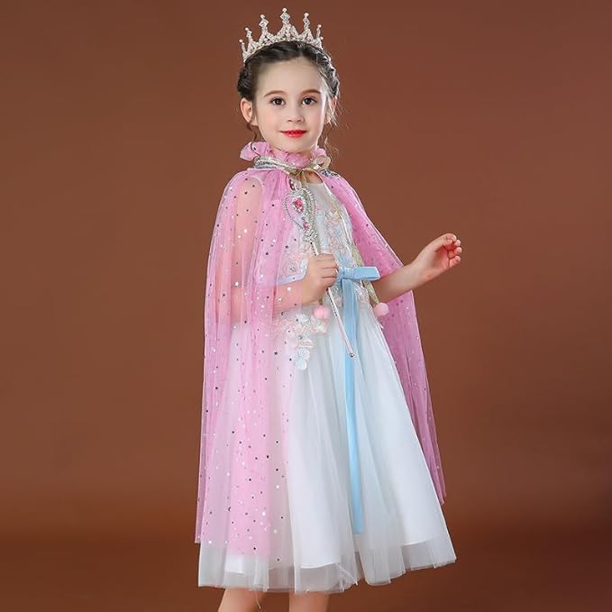 Image of Princess Cape for Girls - Colorful Sequin Cloak with Crown and Wand for Birthday, Halloween, Fancy Dress & Carnival