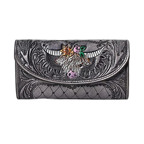 Merbaa Handtooled Leather Detail Trifold wallet for Women-Multi Credit Card Slots, valentines day gifts