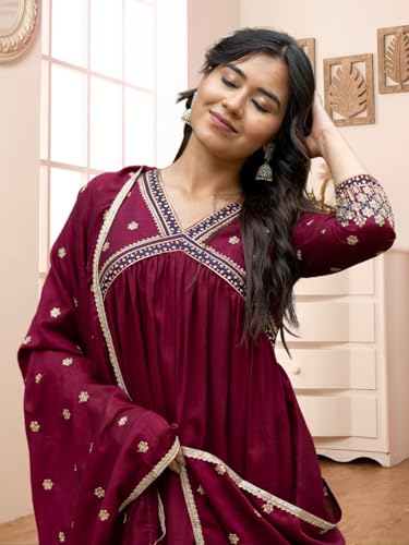 Image of Navlik Women's Vichitra Silk Embroidered A-Line Kurta with Pant & Dupatta 3-Piece Ethnic Set for Festive (NK4-442)