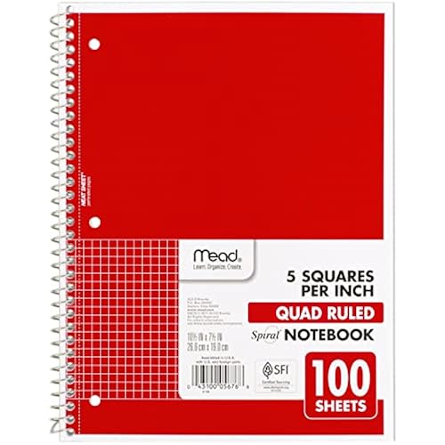 Mead Spiral Notebook, 1 Subject, Graph Ruled Paper, 7-1/2" x 10-1/2", 100 Sheets, Fire Red (05676AB5)