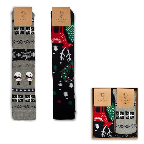 Image of RAFRAY Women's Christmas Socks - Cozy Calf-Length Winter Socks with Snowman & Reindeer - Gift Box - 2 Pairs - Size 5-9.5