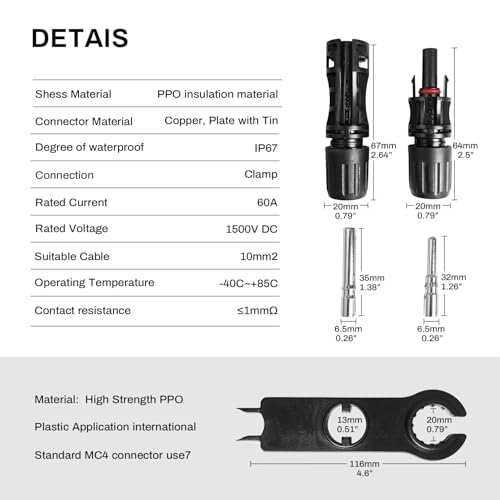 COCOSY 5 Paare 10mm² Solarstecke 8 AWG IP68 1500V 60A Photovoltaikanschlüsse Mit 1 Paar Solartool, 10 mm männliche und weibliche Anschlüsse für PV-DIY-Kabel