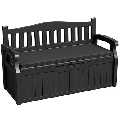 Greesum 80 Gallon Outdoor Storage Bench Deck Box with Cushion & Armrest, Lockable, Waterproof UV Resistant, Comfortable Seating for Patio, Pool, Garden, Black