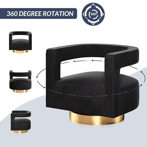 Image of BELLEZE Swivel Barrel Accent Chair, Modern Upholstered Arm Comfy Velvet Curved Back Round Chair with Gold Base Wood Frame, 360 Degree for Living Room Bedroom Office,Black