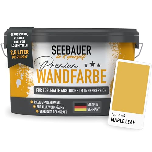SEEBAUER diy Wandfarbe Gelb 2,5L für Innen (No. 444 Maple Leaf) Edelmatte senfgelbe Innenfarbe - Gelbtöne sehr hohe Deckkraft - Matt, Abwaschbar und Tropffrei