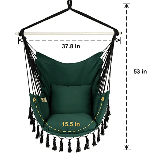 Y- STOP Hammock Chair Hanging Rope Swing, Max 500 Lbs, 2 Cushions Included, Large Macrame Hanging Chair with Pocket for Superior Comfort, with Hardware Kit, Green by Y- STOP - Used condition - Image 7