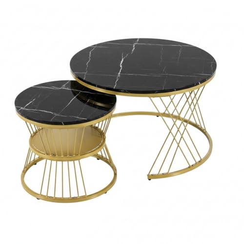 Image of The Round Coffee Table and The Stacking Tea Table with a Gold Metal Frame are Two Versatile Modern Center Tables That Look Great in Living Rooms (XSS Black Gold)