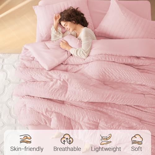 Image of MUXHOMO Pink Queen Comforter Set 7 Pieces, Seersucker Bed in a Bag Queen Size, All Season Luxury Bedding Set with Comforter, Flat Sheet, Fitted Sheet, Pillowcases & Shams