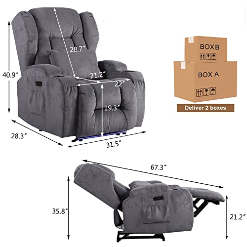 Vuyuyu Power Recliner Chair With Heat And Massage, Linen Fabric Recliner Sofa Chairs For Living Room Home Theater Seating With Led Lights/Cup Holders/Side Pocket/Usb Port/Infinite Position (Grey) #TOP2