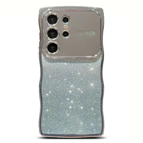 phylla for Samsung Galaxy S23 Ultra 2023 Phone Case for Women Cute Wave Frame Curly Shape with Gradient Glitter Bling Card Cover Luxury Plating Raised Camera Protection Shockproof Bumper (Silver)