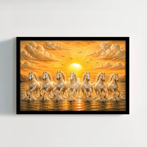 Image of PAINTINGMANTRA 7 White Running Horses Framed Wall Art Painting For Living Room, Vastu Poster with frame for Wall, Decoration item for bedroom, 10x13 Inch