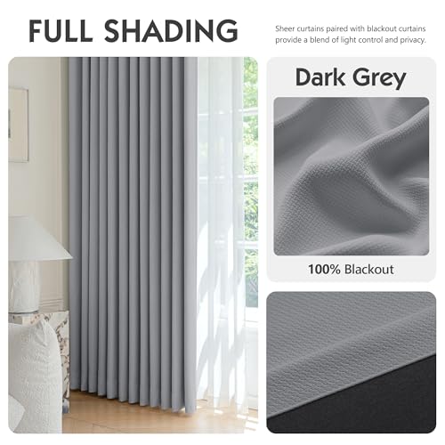 Image of FMFUNCTEX 100% Blackout Curtains for Bedroom, Dark Grey Back Tab Curtain 96 Inches Long Drapery Thermal Insulated Curtains for Living Room, Black Out Drapes Rod Pocket Room Darkening 2 Panels