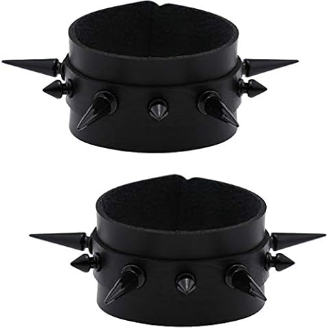 FM FM42 Women Black PU Simulated Leather Black-tone Long and Short Rivets Spike Spiked 4cm(1.57") Wide Punk Gothic Adjustable Bracelet, Pack of 2 Cover