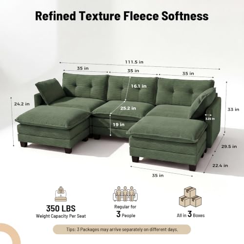 Image of Amsleekey 111.5 inch U Shaped Modular Sectional Sofa, Green Corduroy