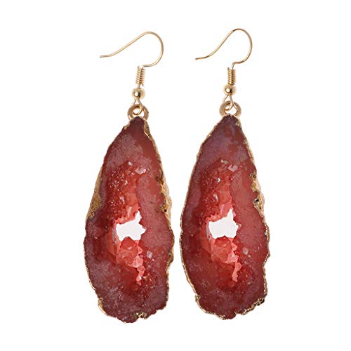 ZOOMY Chapado en Oro Irregular Natural Druzy Slice Fish Hook Drop Cuelga los Pendientes Mujeres - Rojo