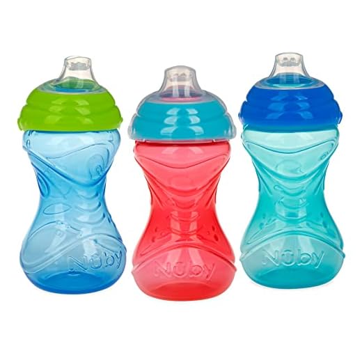 Nuby 3 Piece No-Spill Easy Grip Cup with Soft Flex Spout, Clik It Lock Feature, Boy, 10 Ounce