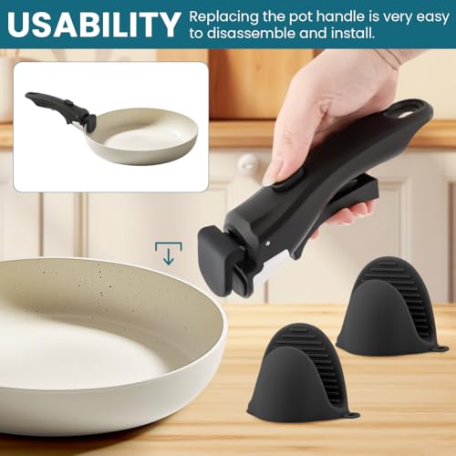 Removable Pot Handle, Cream White Detachable Pan Handles with 2 PCS Silicone Oven Mitts Heat Resistant, Universal Pan Replacement Handles for Pots and Pans (Black)