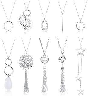 LOLIAS 10Pcs Long Pendant Necklaces for Women Fashion Jewelry Boho Tassel Circle Knot Star Pendant Necklaces Women Y Long Sweater Necklaces Costume Jewellery Silver/Gold
