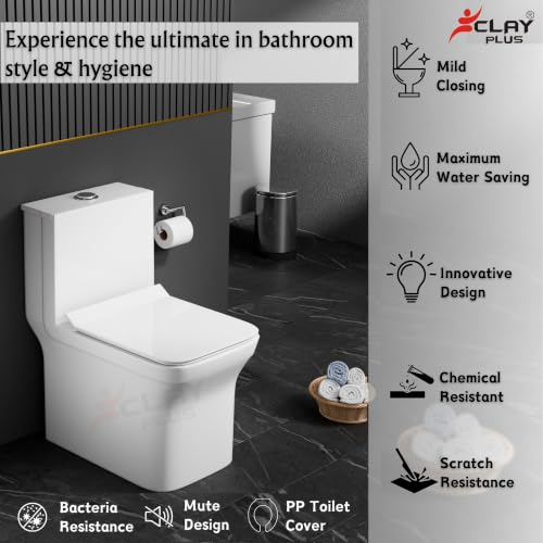 Image of Clay Plus P-Trap Premium Ceramic Rimless Water Closet Floor Mounted One Piece Ceramic Western Toilet /Commode With Soft Close Seat Cover For Home, Bathroom, Lavatory, Toilets (106 P-TRAP)