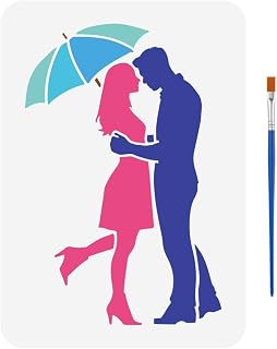 FINGERINSPIRE Couple in The Rain Stencil with 1 Pc Plastic Paint Brush 8.3x11.7 inch Couple Hugging Drawing Template Couple Holding Umbrella Stencils for Painting on Wood Wall Fabric Furniture