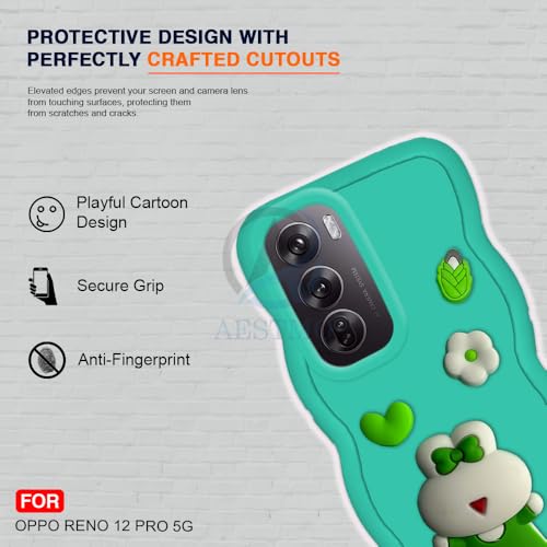 Image of AESTMO Back Case Cover for Oppo Reno 12 Pro 5G | 3D Cute Fun Cartoon Characters | Anti Slip Grip Cute Wave Curly Frame Shape | Full Body Protection Back Cover for Oppo Reno 12 Pro 5G|(Mint Green)
