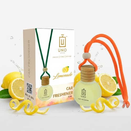 Image of UNOAROMA Lemonade Car Air Freshener, Long Lasting Hanging car perfume, Toxin-Free Oil in Glass Bottle with Wooden Diffuser, Car Accessories for fresh aroma, Last Up to 60 Days (15mlx2)