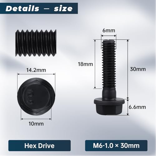 Image of Glvaner M6-1.0 x 30mm (25 pcs) Alloy Steel Flanged Washer Head Hex Bolts, Extra-Large Washer Head, 10.9 Grade Black Oxide Finish GB5789 Partial Thread