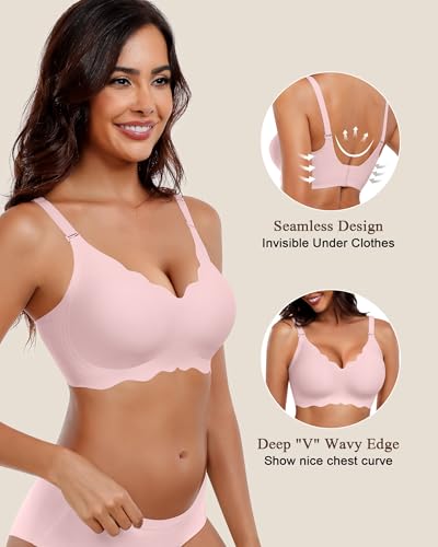 Image of HORISUN Wireless Seamless Bras for Women No Underwire Wavy V Neck Soft Support Full Coverage Comfortable Bra