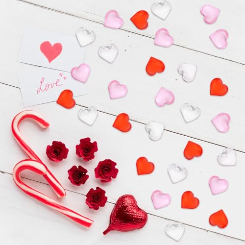 Image of 100 Pcs 3D Acrylic Hearts Ornaments Baubles, Mini Assorted Transparent, Red and Pink Crystals Beads Table Scatter Vase Filler Craft for Valentine's Day, Wedding, Engagement Decorations