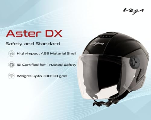 Image of Vega Aster Dx ISI Certified Full Face Motorcycle Helmet with Durable ABS Outer Shell High Density EPS Liner Scratch Resistant Visor Quick Release Buckle Comfortable Inner Padding Black Helmet-L