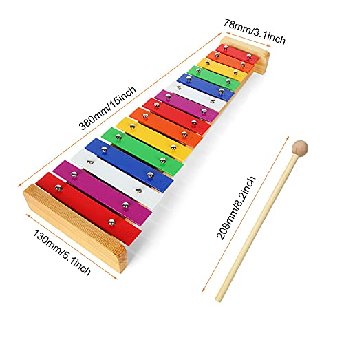 Certbuy 15 Tone Xylophone Natural Wooden Glockenspiel Colorful Aluminum Musical Instruments With 2 Wooden Mallets #TOP1
