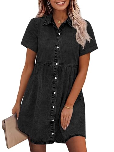 Wenrine Women's Summer Denim Dress Button Down Short Sleeve Casual Tiered Babydoll Jean Dresses