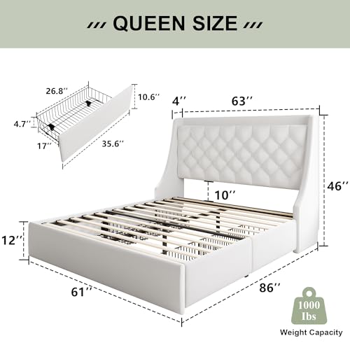 Image of Feonase Upholstered Queen Size Bed Frame with 4 Storage Drawers, Charging Station, Tufted Wingback Storage Headboard, No Box Spring Needed, Easy Assembly, White