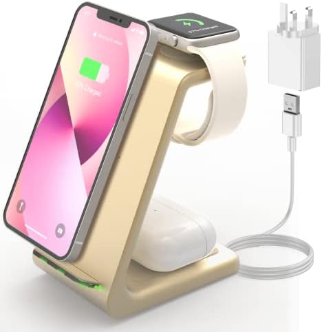 Wireless Charger Stand, GEEKERA 3 in 1 Fast Wireless Charging Station Dock for iPhone 14/13/12/11/Pro/Pro Max/XS/XR/X/8, Charger Stand for Apple Watch Series 2-Ultra, Qi Charger for Airpod Pro/3/2
