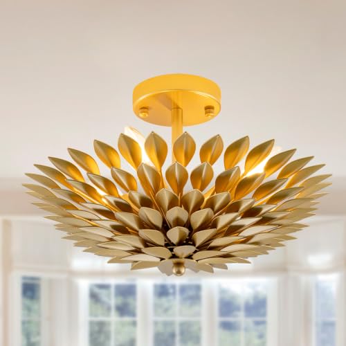 TOCHIC 15.75" Gold Leaf Metal Ceiling Light Art Deco Semi Flush Mount Light
