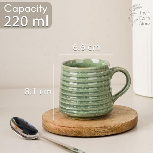 The Earth Store Green Spiral Ceramic Cup Set of 6 for Tea, 220 ML Each, Microwave and Dishwasher Safe Coffee Cups | Tea/chai Cups for Gifting, Home & Office Use, Every Occasion (Color May Vary)