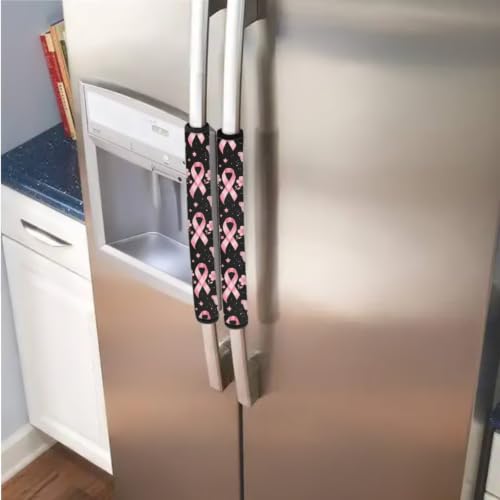 Image of Fridge Door Handle Covers Set of 6 Kitchen Appliance Decor Handles Glove Anti-Slip Protectors Washable Refrigerator Decor for Breast Cancer Awareness, Pink Ribbon Butterfly Pattern