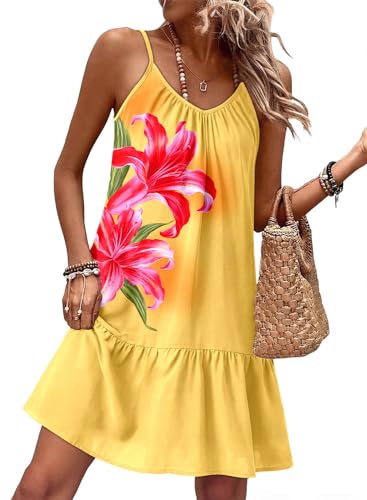 Dokotoo Womens Summer Dresses Sext Deep V Neck Spaghetti Strap Yellow Dresses Casual Boho Geometric Printed Dresses Ruffle A Line Beach Vacation Mini Dresses Medium
