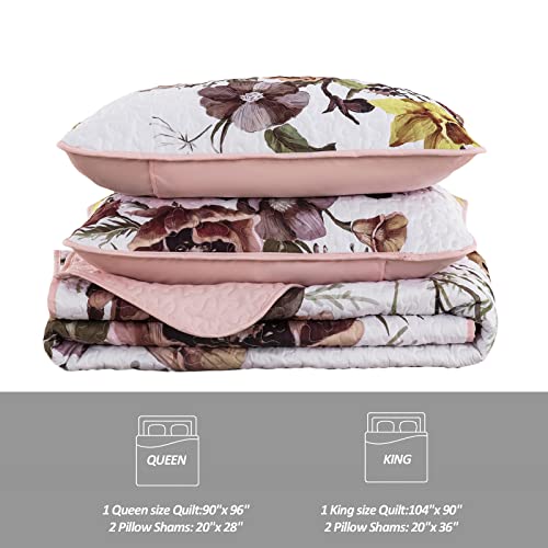 Drucon Floral Quilt Set Queen 3 Pieces Boho Blush Quilt Coverlet Set Soft Microfiber Lightweight Colorful Floral Quilted Bedspread For All Season 90"X96" #TOP6