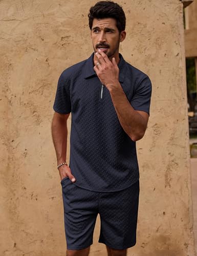 Image of URRU Mens Textured Polo Shirt and Shorts Sets Outfits 2 Piece Summer Tracksuits Casual Quarter Zip Golf Polo Shirts