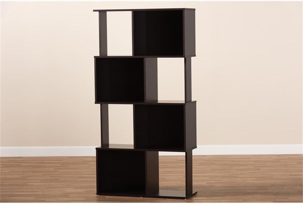 BOWERY HILL Geometric Wood Bookshelf, Dark Brown Finish, Modern Design with 4 Enclosed Shelves and 4 Open Shelves, Engineered Wood Construction, Stylish Rack Shelving for Living Room or Home Office