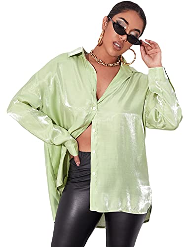 MakeMeChic Women s Oversized Satin Silk Long Sleeve Button Down Shirt Blouse Top Green L