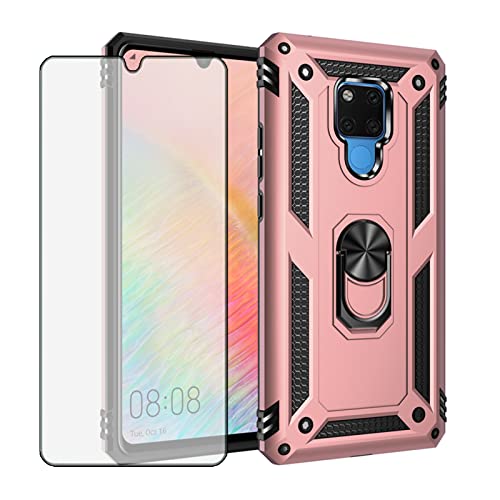 Image of Phone Case for Huawei Mate 20 X with Tempered Glass Screen Protector Cover Stand Ring Holder Shockproof Silicone Heavy Duty Accessories Magnetic Metal Hard Hawaii Hwauei 20x Mate20x Mate20 Rose Gold